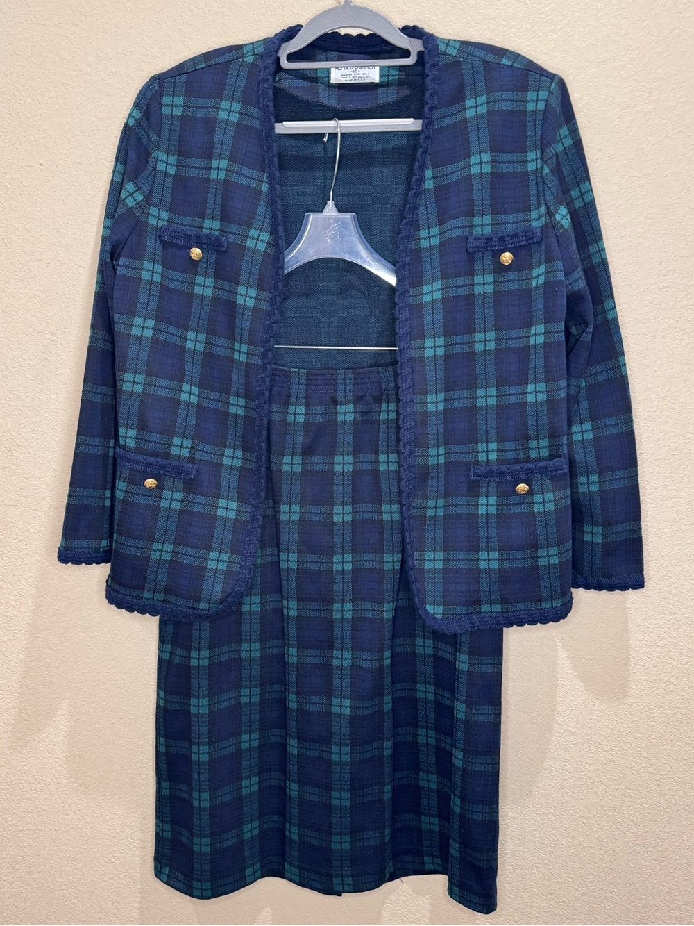 Vintage Alfred Dunner Navy Green Plaid Skirt Suit Set Gold Buttons USA